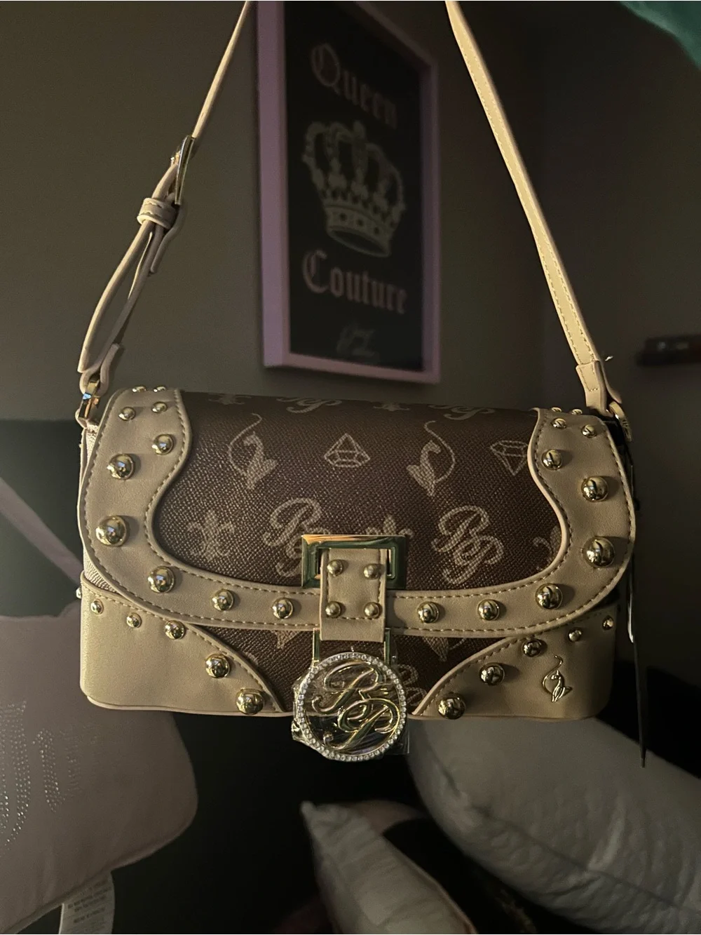 Baby Phat Beige and Brown Logo Stud Shoulder Bag